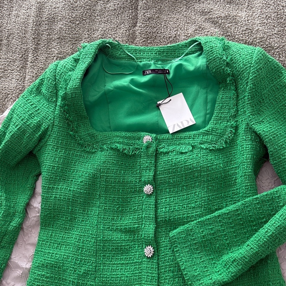 Zara Tweed Boucle squared neck long sleeves Jewel Buttons Green Dress Sz Large - Picture 15 of 15